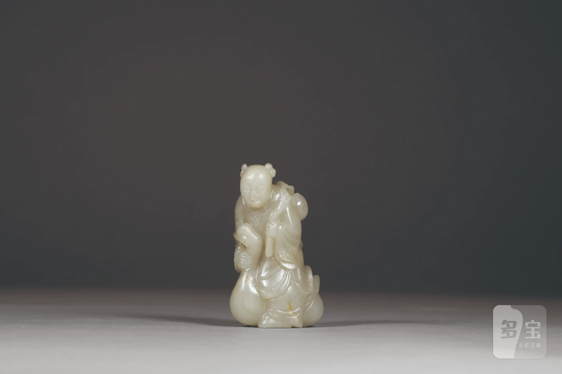 清 白玉雕童子负桃骑鹅挂件
